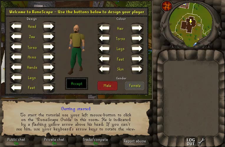 Tutorial Island’s character design screen, with its Accept button